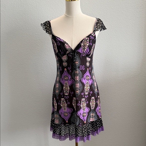 Bisou Bisou Dresses & Skirts - Bisou Bisou by Michele Bohbot Women’s Purple Black Printed Slip Dress XS